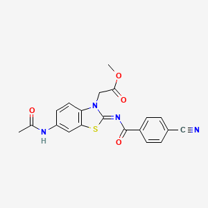 molecular formula C20H16N4O4S B2657598 Methyl 2-[6-acetamido-2-(4-cyanobenzoyl)imino-1,3-benzothiazol-3-yl]acetate CAS No. 897734-44-0