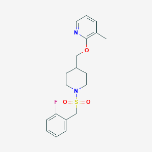 molecular formula C19H23FN2O3S B2657658 2-[[1-[(2-Fluorophenyl)methylsulfonyl]piperidin-4-yl]methoxy]-3-methylpyridine CAS No. 2380008-97-7