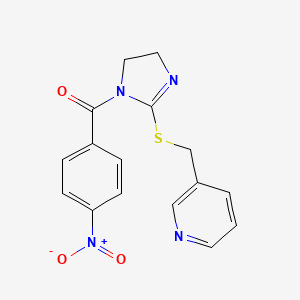 molecular formula C16H14N4O3S B2657695 (4-nitrophenyl)(2-((pyridin-3-ylmethyl)thio)-4,5-dihydro-1H-imidazol-1-yl)methanone CAS No. 851807-70-0