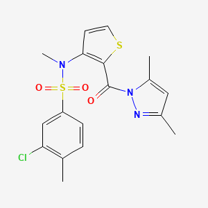 molecular formula C18H18ClN3O3S2 B2657804 3-chloro-N-{2-[(3,5-dimethyl-1H-pyrazol-1-yl)carbonyl]thiophen-3-yl}-N,4-dimethylbenzenesulfonamide CAS No. 1325304-09-3