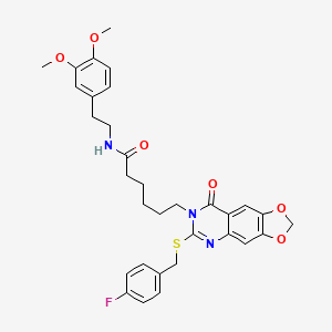 molecular formula C32H34FN3O6S B2657854 N-(3,4-dimethoxyphenethyl)-6-(6-((4-fluorobenzyl)thio)-8-oxo-[1,3]dioxolo[4,5-g]quinazolin-7(8H)-yl)hexanamide CAS No. 688061-51-0