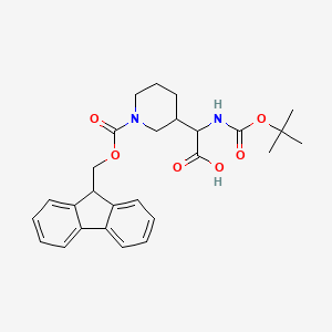 molecular formula C27H32N2O6 B2657857 2-[1-(9H-Fluoren-9-ylmethoxycarbonyl)piperidin-3-yl]-2-[(2-methylpropan-2-yl)oxycarbonylamino]acetic acid CAS No. 2383990-48-3