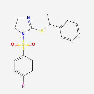 molecular formula C17H17FN2O2S2 B2658024 1-(4-Fluorophenyl)sulfonyl-2-(1-phenylethylsulfanyl)-4,5-dihydroimidazole CAS No. 868216-98-2