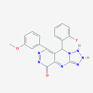 molecular formula C19H14FN7O2 B265803 8-(2-fluorophenyl)-10-(3-methoxyphenyl)-2,4,5,6,7,11,12-heptazatricyclo[7.4.0.03,7]trideca-1,3,9,11-tetraen-13-one 
