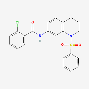 molecular formula C22H19ClN2O3S B2658200 2-chloro-N-(1-(phenylsulfonyl)-1,2,3,4-tetrahydroquinolin-7-yl)benzamide CAS No. 1005299-07-9