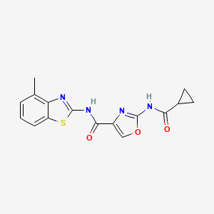 molecular formula C16H14N4O3S B2658229 2-(环丙烷甲酰胺)-N-(4-甲基苯并[d]噻唑-2-基)恶唑-4-甲酰胺 CAS No. 1351659-55-6