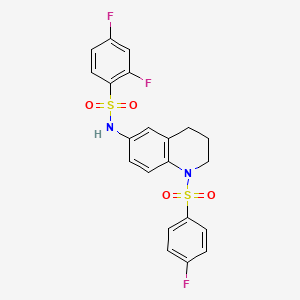 molecular formula C21H17F3N2O4S2 B2658243 2,4-difluoro-N-(1-((4-fluorophenyl)sulfonyl)-1,2,3,4-tetrahydroquinolin-6-yl)benzenesulfonamide CAS No. 941944-80-5