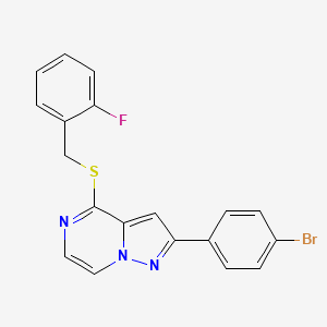 molecular formula C19H13BrFN3S B2658283 2-(4-Bromophenyl)-4-[(2-fluorobenzyl)thio]pyrazolo[1,5-a]pyrazine CAS No. 1207050-09-6