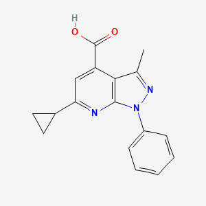 molecular formula C17H15N3O2 B2658284 6-cyclopropyl-3-methyl-1-phenyl-1H-pyrazolo[3,4-b]pyridine-4-carboxylic acid CAS No. 881443-44-3