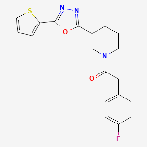 molecular formula C19H18FN3O2S B2658304 2-(4-Fluorophenyl)-1-(3-(5-(thiophen-2-yl)-1,3,4-oxadiazol-2-yl)piperidin-1-yl)ethanone CAS No. 1105199-76-5