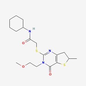molecular formula C18H27N3O3S2 B2658312 N-cyclohexyl-2-((3-(2-methoxyethyl)-6-methyl-4-oxo-3,4,6,7-tetrahydrothieno[3,2-d]pyrimidin-2-yl)thio)acetamide CAS No. 851410-13-4