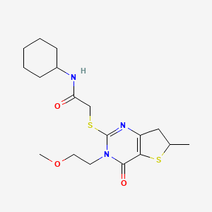 molecular formula C18H27N3O3S2 B2658312 N-环己基-2-((3-(2-甲氧基乙基)-6-甲基-4-氧代-3,4,6,7-四氢噻吩并[3,2-d]嘧啶-2-基)硫代)乙酰胺 CAS No. 851410-13-4