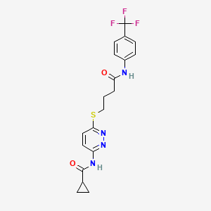 molecular formula C19H19F3N4O2S B2658338 N-(6-((4-oxo-4-((4-(trifluoromethyl)phenyl)amino)butyl)thio)pyridazin-3-yl)cyclopropanecarboxamide CAS No. 1040648-57-4