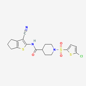 molecular formula C18H18ClN3O3S3 B2658412 1-((5-chlorothiophen-2-yl)sulfonyl)-N-(3-cyano-5,6-dihydro-4H-cyclopenta[b]thiophen-2-yl)piperidine-4-carboxamide CAS No. 899732-22-0