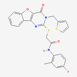 molecular formula C24H18FN3O3S2 B2658433 N-(4-fluoro-2-methylphenyl)-2-{[4-oxo-3-(thiophen-2-ylmethyl)-3,4-dihydro[1]benzofuro[3,2-d]pyrimidin-2-yl]sulfanyl}acetamide CAS No. 899941-80-1