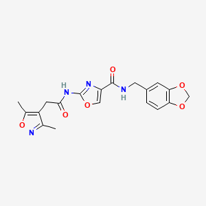 molecular formula C19H18N4O6 B2658462 N-(苯并[d][1,3]二氧杂环-5-基甲基)-2-(2-(3,5-二甲基异恶唑-4-基)乙酰氨基)恶唑-4-甲酰胺 CAS No. 1797956-27-4