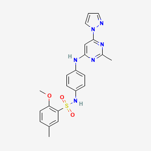 molecular formula C22H22N6O3S B2658524 2-methoxy-5-methyl-N-(4-((2-methyl-6-(1H-pyrazol-1-yl)pyrimidin-4-yl)amino)phenyl)benzenesulfonamide CAS No. 1206998-06-2