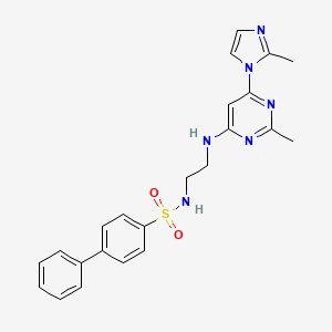 molecular formula C23H24N6O2S B2658529 N-(2-((2-甲基-6-(2-甲基-1H-咪唑-1-基)嘧啶-4-基)氨基)乙基)-[1,1'-联苯]-4-磺酰胺 CAS No. 1170245-57-4