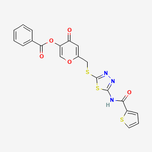 molecular formula C20H13N3O5S3 B2658566 4-oxo-6-(((5-(thiophene-2-carboxamido)-1,3,4-thiadiazol-2-yl)thio)methyl)-4H-pyran-3-yl benzoate CAS No. 877642-43-8