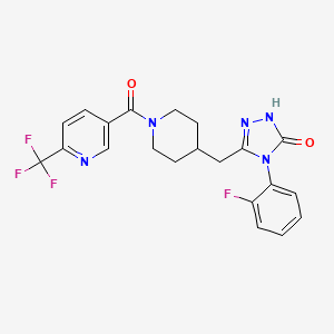 molecular formula C21H19F4N5O2 B2658571 4-(2-fluorophenyl)-3-((1-(6-(trifluoromethyl)nicotinoyl)piperidin-4-yl)methyl)-1H-1,2,4-triazol-5(4H)-one CAS No. 2034363-52-3