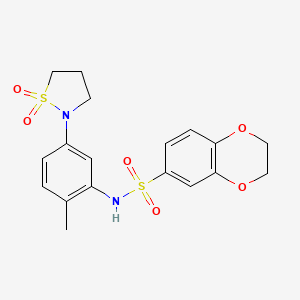 molecular formula C18H20N2O6S2 B2658584 N-(5-(1,1-dioxidoisothiazolidin-2-yl)-2-methylphenyl)-2,3-dihydrobenzo[b][1,4]dioxine-6-sulfonamide CAS No. 946338-09-6