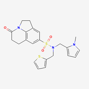 molecular formula C22H23N3O3S2 B2658593 N-[(1-甲基吡咯-2-基)甲基]-11-氧代-N-(噻吩-2-基甲基)-1-氮杂三环[6.3.1.04,12]十二-4,6,8(12)-三烯-6-磺酰胺 CAS No. 1797224-55-5