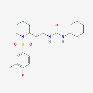 molecular formula C21H32FN3O3S B2658598 1-环己基-3-(2-(1-((4-氟-3-甲基苯基)磺酰基)哌啶-2-基)乙基)脲 CAS No. 898406-85-4