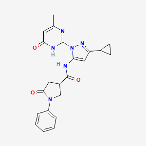 molecular formula C22H22N6O3 B2658613 N-(3-环丙基-1-(4-甲基-6-氧代-1,6-二氢嘧啶-2-基)-1H-吡唑-5-基)-5-氧代-1-苯基吡咯烷-3-甲酰胺 CAS No. 1202974-67-1