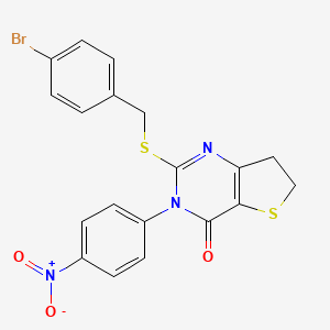 molecular formula C19H14BrN3O3S2 B2658624 2-[(4-Bromophenyl)methylsulfanyl]-3-(4-nitrophenyl)-6,7-dihydrothieno[3,2-d]pyrimidin-4-one CAS No. 850916-07-3