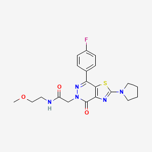 molecular formula C20H22FN5O3S B2658633 2-(7-(4-fluorophenyl)-4-oxo-2-(pyrrolidin-1-yl)thiazolo[4,5-d]pyridazin-5(4H)-yl)-N-(2-methoxyethyl)acetamide CAS No. 1171426-83-7