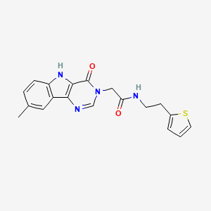 molecular formula C19H18N4O2S B2658658 2-(8-甲基-4-氧代-4,5-二氢-3H-嘧啶并[5,4-b]吲哚-3-基)-N-(2-(噻吩-2-基)乙基)乙酰胺 CAS No. 1185044-01-2