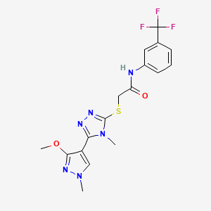 molecular formula C17H17F3N6O2S B2658706 2-((5-(3-甲氧基-1-甲基-1H-吡唑-4-基)-4-甲基-4H-1,2,4-三唑-3-基)硫代)-N-(3-(三氟甲基)苯基)乙酰胺 CAS No. 1014053-18-9