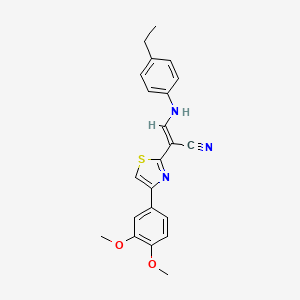 molecular formula C22H21N3O2S B2658712 (E)-2-(4-(3,4-dimethoxyphenyl)thiazol-2-yl)-3-((4-ethylphenyl)amino)acrylonitrile CAS No. 1322009-39-1