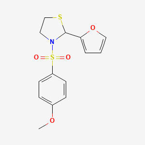 molecular formula C14H15NO4S2 B2658873 2-(Furan-2-yl)-3-((4-methoxyphenyl)sulfonyl)thiazolidine CAS No. 670248-06-3