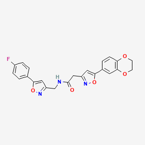 molecular formula C23H18FN3O5 B2658907 2-(5-(2,3-dihydrobenzo[b][1,4]dioxin-6-yl)isoxazol-3-yl)-N-((5-(4-fluorophenyl)isoxazol-3-yl)methyl)acetamide CAS No. 1171202-79-1