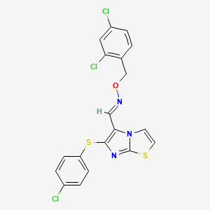 molecular formula C19H12Cl3N3OS2 B2658944 6-[(4-chlorophenyl)sulfanyl]imidazo[2,1-b][1,3]thiazole-5-carbaldehyde O-(2,4-dichlorobenzyl)oxime CAS No. 339022-78-5