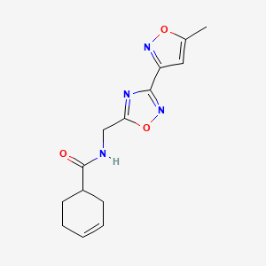 molecular formula C14H16N4O3 B2659005 N-((3-(5-methylisoxazol-3-yl)-1,2,4-oxadiazol-5-yl)methyl)cyclohex-3-enecarboxamide CAS No. 2034420-48-7