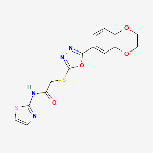 molecular formula C15H12N4O4S2 B2659050 2-((5-(2,3-dihydrobenzo[b][1,4]dioxin-6-yl)-1,3,4-oxadiazol-2-yl)thio)-N-(thiazol-2-yl)acetamide CAS No. 851129-91-4