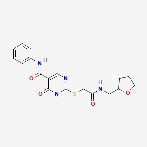 molecular formula C19H22N4O4S B2659063 1-methyl-6-oxo-2-((2-oxo-2-(((tetrahydrofuran-2-yl)methyl)amino)ethyl)thio)-N-phenyl-1,6-dihydropyrimidine-5-carboxamide CAS No. 894053-38-4