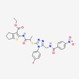 ethyl 2-[2-[[4-(4-fluorophenyl)-5-[[(4-nitrobenzoyl)amino]methyl]-1,2,4-triazol-3-yl]sulfanyl]propanoylamino]-5,6-dihydro-4H-cyclopenta[b]thiophene-3-carboxylate
