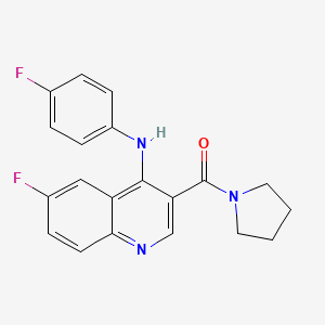 molecular formula C20H17F2N3O B2659084 (6-氟-4-((4-氟苯基)氨基)喹啉-3-基)(吡咯烷-1-基)甲酮 CAS No. 1357783-03-9