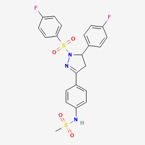 molecular formula C22H19F2N3O4S2 B2659089 N-(4-(5-(4-fluorophenyl)-1-((4-fluorophenyl)sulfonyl)-4,5-dihydro-1H-pyrazol-3-yl)phenyl)methanesulfonamide CAS No. 851780-86-4