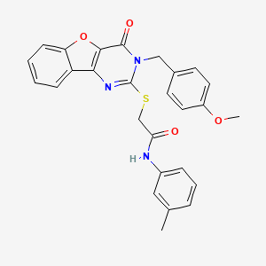 molecular formula C27H23N3O4S B2659120 2-({5-[(4-甲氧基苯基)甲基]-6-氧代-8-氧杂-3,5-二氮杂三环[7.4.0.0^{2,7}]十三-1(9),2(7),3,10,12-戊烯-4-基}硫代基)-N-(3-甲基苯基)乙酰胺 CAS No. 866873-72-5