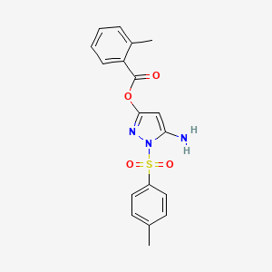 molecular formula C18H17N3O4S B2659154 5-氨基-1-甲苯磺酰基-1H-吡唑-3-基 2-甲基苯甲酸酯 CAS No. 442678-93-5
