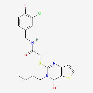 molecular formula C19H19ClFN3O2S2 B2659175 2-({3-丁基-4-氧代-3H,4H-噻吩并[3,2-d]嘧啶-2-基}硫代基)-N-[(3-氯-4-氟苯基)甲基]乙酰胺 CAS No. 1252924-09-6
