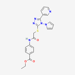 molecular formula C22H20N6O3S B2659206 ethyl 4-[({[5-(pyridin-3-yl)-4-(1H-pyrrol-1-yl)-4H-1,2,4-triazol-3-yl]sulfanyl}acetyl)amino]benzoate CAS No. 886938-89-2