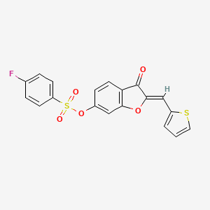 molecular formula C19H11FO5S2 B2659215 (Z)-3-oxo-2-(thiophen-2-ylmethylene)-2,3-dihydrobenzofuran-6-yl 4-fluorobenzenesulfonate CAS No. 929514-45-4