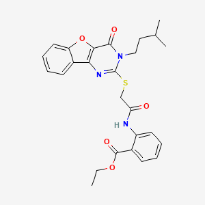 molecular formula C26H27N3O5S B2659224 Ethyl 2-(2-((3-isopentyl-4-oxo-3,4-dihydrobenzofuro[3,2-d]pyrimidin-2-yl)thio)acetamido)benzoate CAS No. 899755-60-3