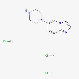 molecular formula C11H17Cl3N4 B2659225 6-Piperazin-1-ylimidazo[1,2-a]pyridine;trihydrochloride CAS No. 2470435-81-3