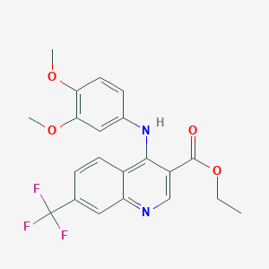 molecular formula C21H19F3N2O4 B2659232 Ethyl 4-((3,4-dimethoxyphenyl)amino)-7-(trifluoromethyl)quinoline-3-carboxylate CAS No. 881941-21-5